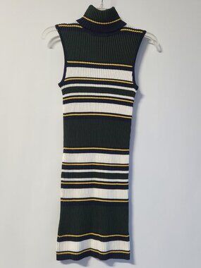 💚💙Forever 21 Ribbed Sweater Dress Size L  Mock Neck Striped Bodycon Knit Dress